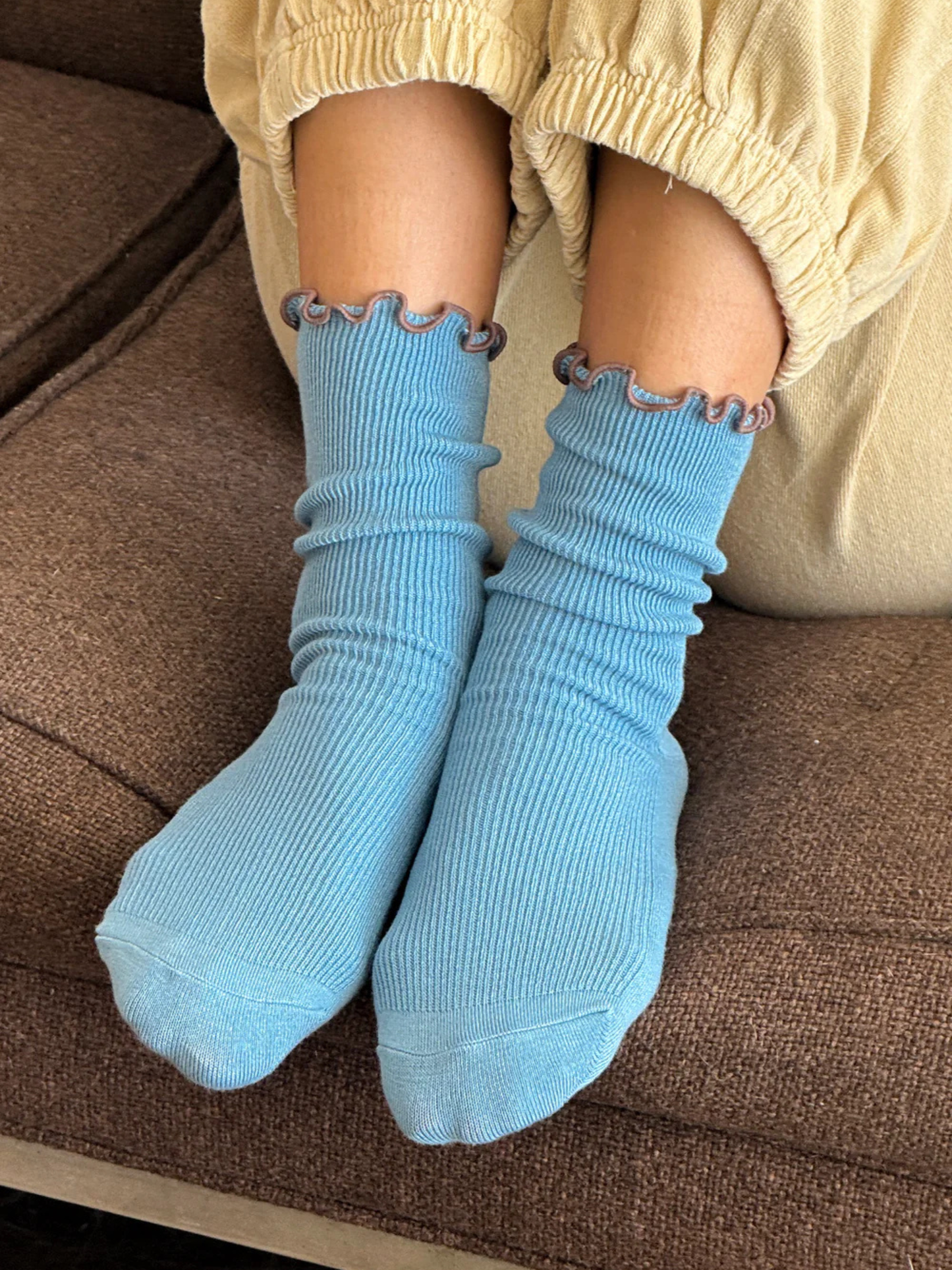 Ruffled Modal Socks | Powder Blue/Brown Edge