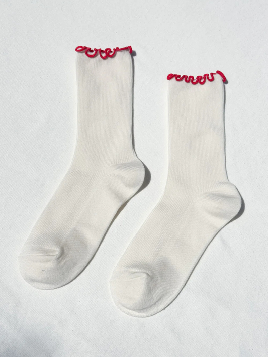 Ruffled Modal Socks | Cream/Red Edge
