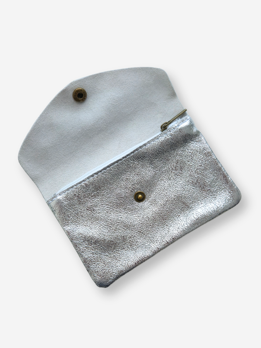 Leather Large Snap Wallet | Metallic Silver