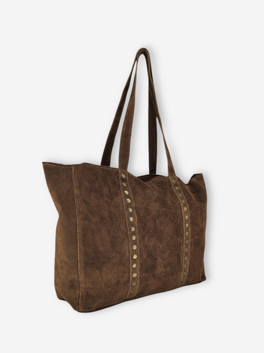 Suede Leather Rivet Tote | Mushroom