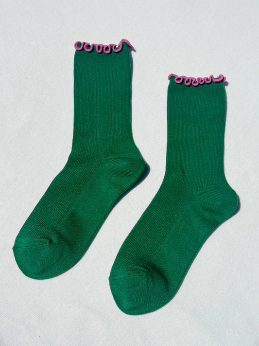 Ruffled Modal Socks | Spinach/Pink Edge