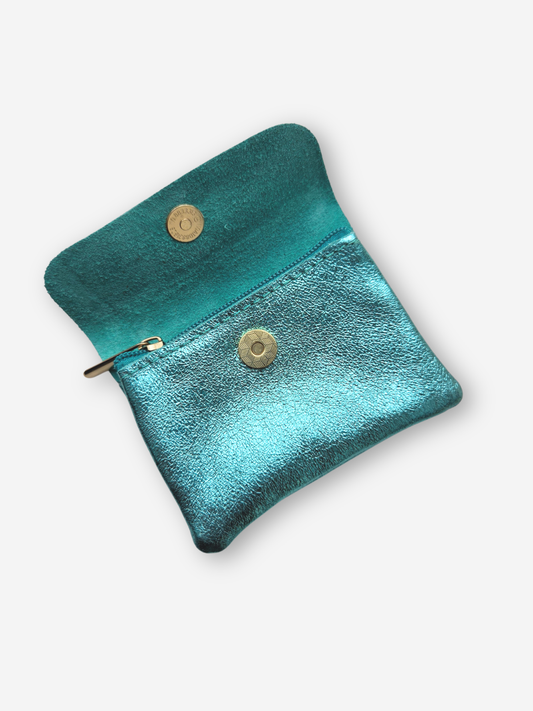 Leather Snap Wallet | Metallic Aqua