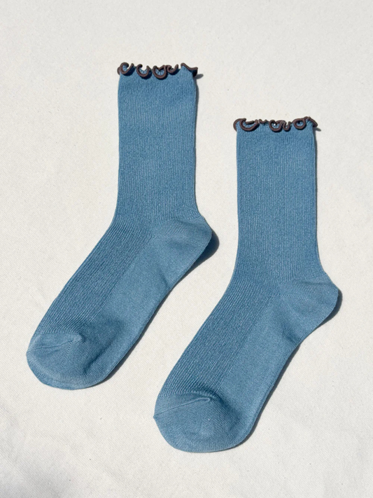 Ruffled Modal Socks | Powder Blue/Brown Edge
