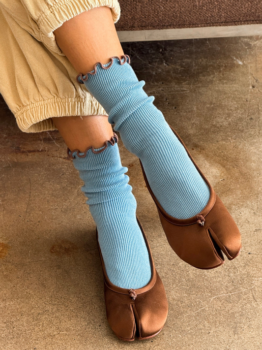 Ruffled Modal Socks | Powder Blue/Brown Edge
