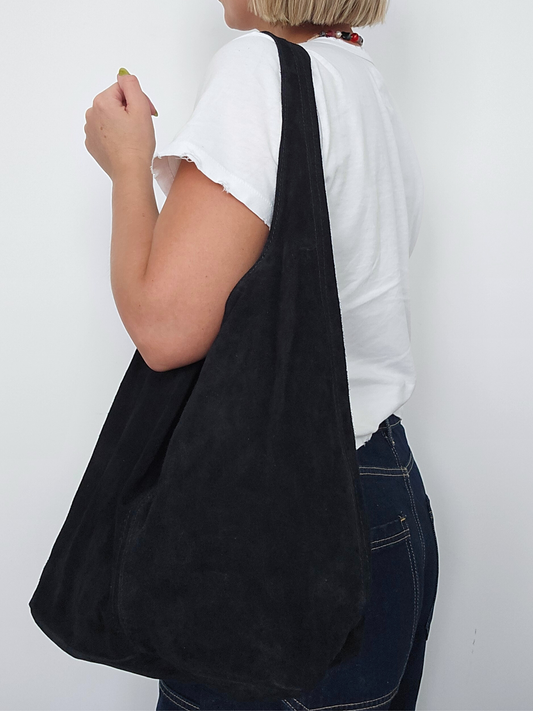 Suede Leather Boho Bag (Single Strap) | Black