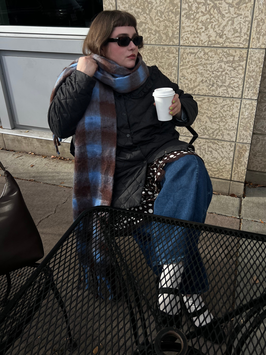 Fuzzy Fringe Scarf | Blue & Brown Gingham