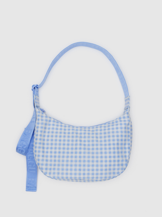 Medium Nylon Crescent Bag | Light Blue Gingham