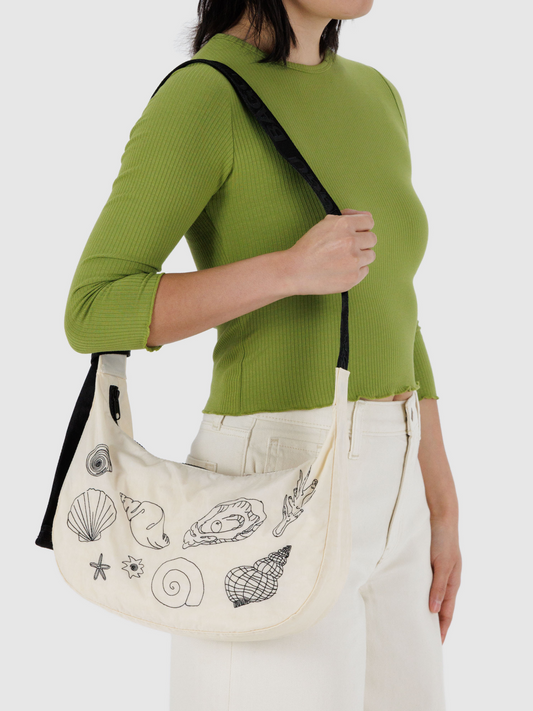 Medium Nylon Crescent Bag | Embroidered Shells