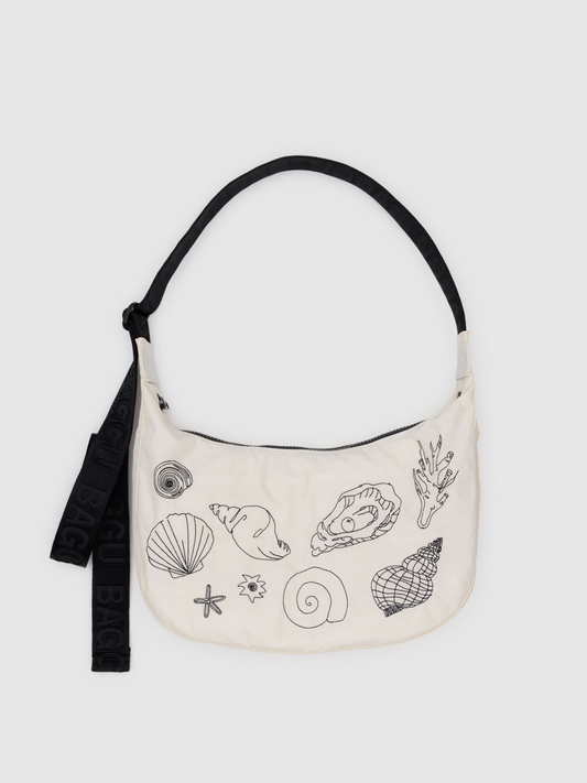 Medium Nylon Crescent Bag | Embroidered Shells