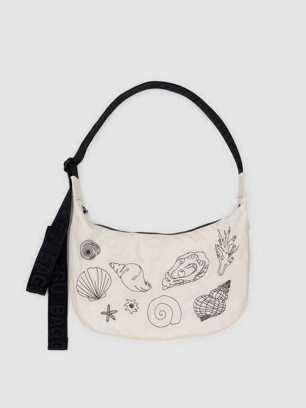 Medium Nylon Crescent Bag | Embroidered Shells