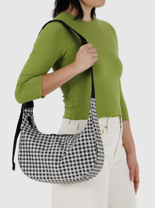 Medium Nylon Crescent Bag | Black & White Gingham