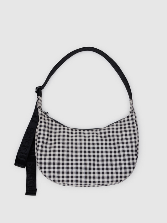 Medium Nylon Crescent Bag | Black & White Gingham