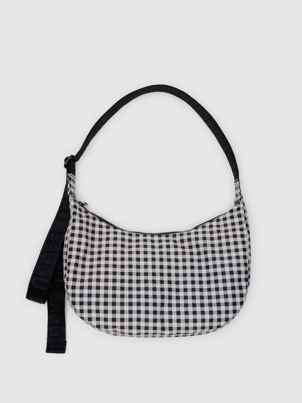 Medium Nylon Crescent Bag | Black & White Gingham