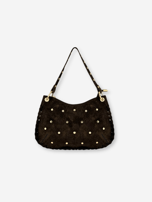 Olivia Studded Suede Shoulder Bag Coffee Brown