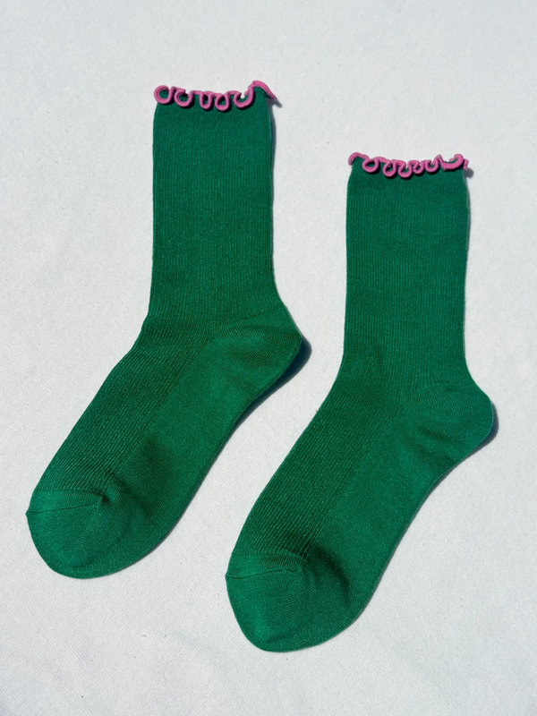 Ruffled Modal Socks | Spinach/Pink Edge