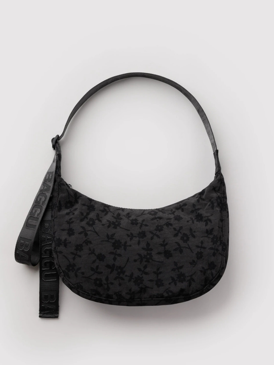 Medium Nylon Crescent Bag Charcoal Ditsy Floral