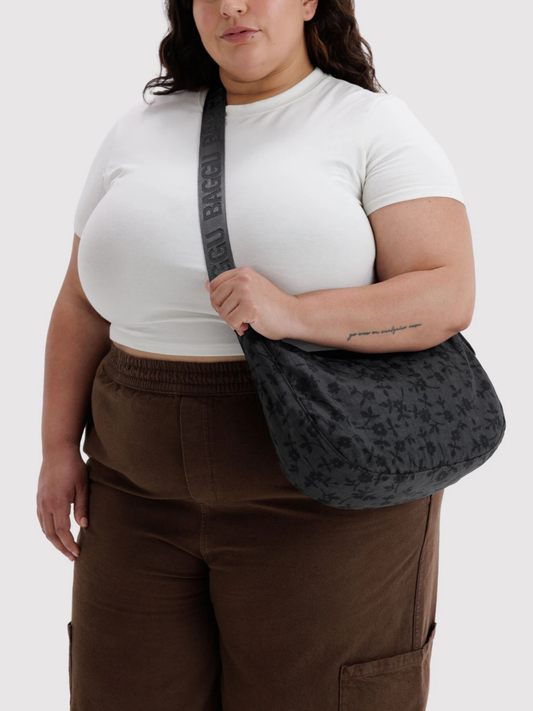 Medium Nylon Crescent Bag Charcoal Ditsy Floral