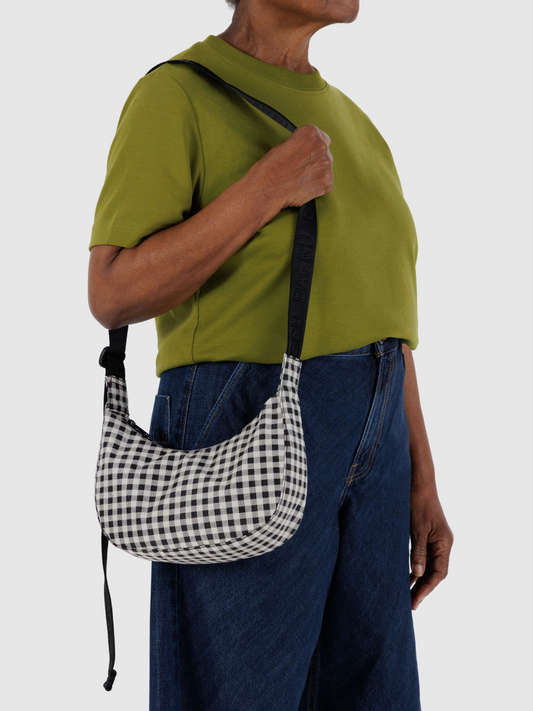 Small Nylon Crescent Bag | Black & White Gingham