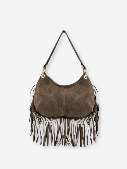 Meliana Fringe Suede Shoulder Bag Mushroom