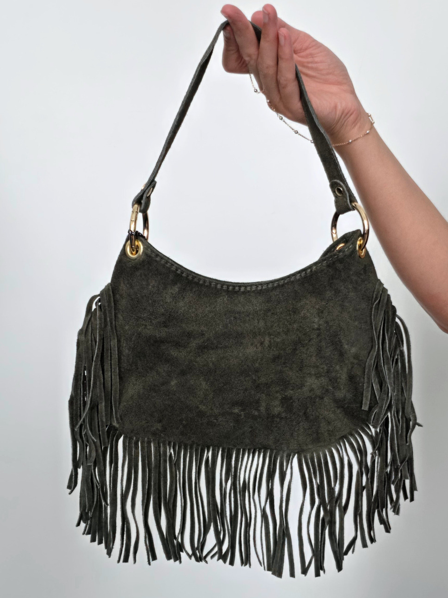 Meliana Fringe Suede Shoulder Bag Military Green