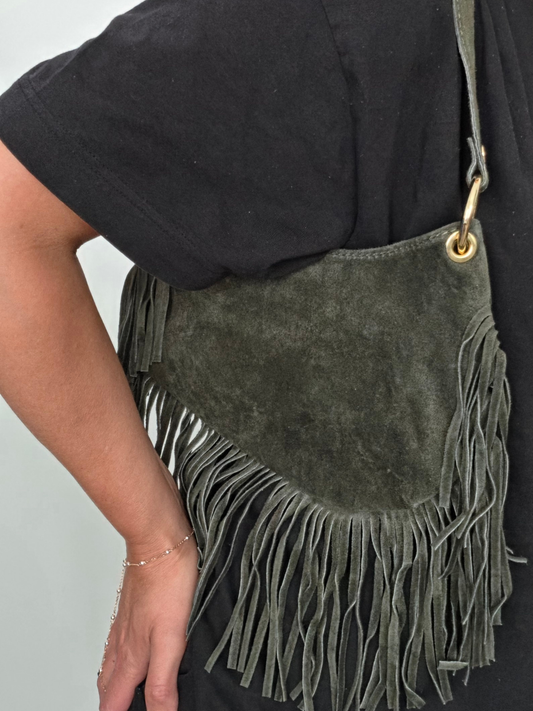 Meliana Fringe Suede Shoulder Bag Military Green