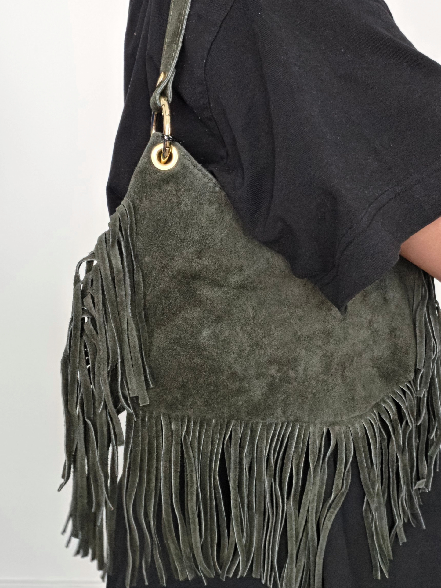 Meliana Fringe Suede Shoulder Bag Military Green