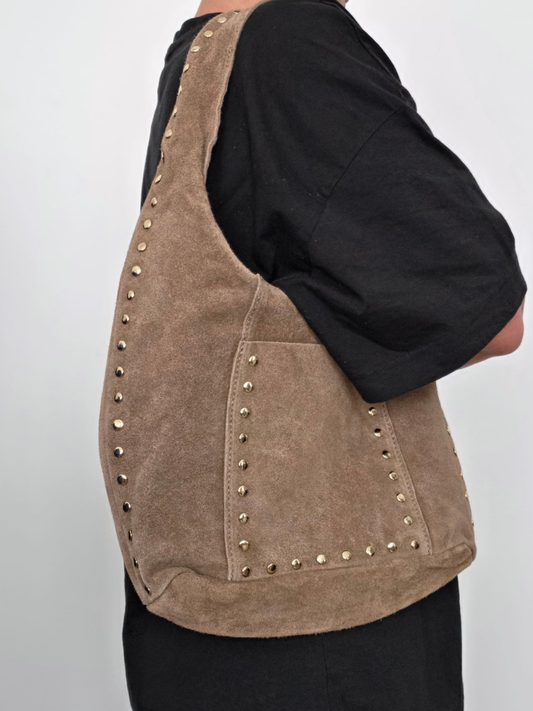 Studded Suede Leather Bag Taupe