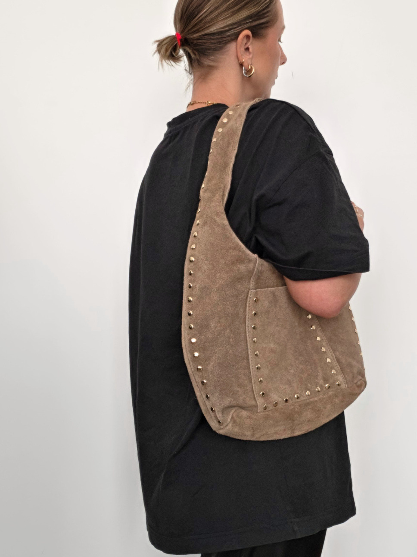 Studded Suede Leather Bag Taupe