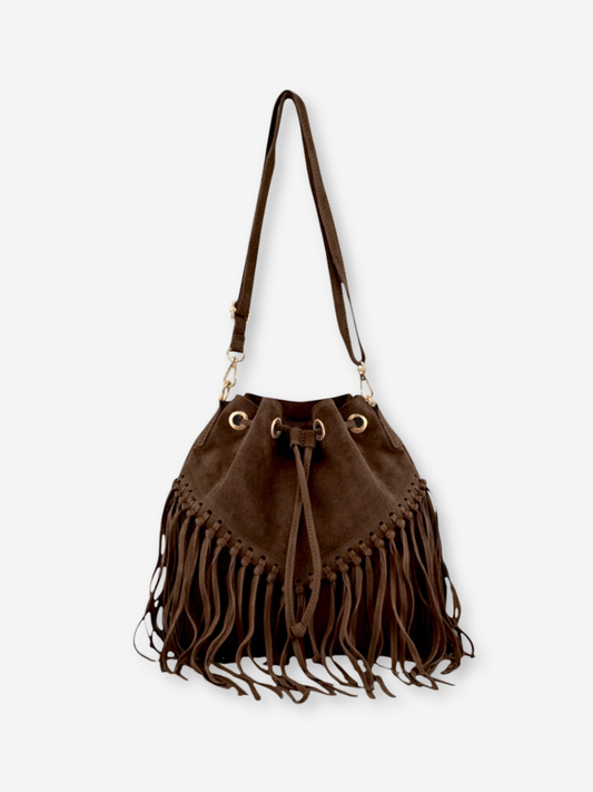 Emanuela Fringe Suede Bucket Bag Coffee Brown