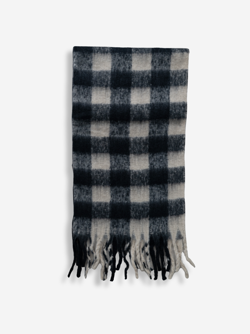 Fuzzy Fringe Scarf | Black & Cream Gingham