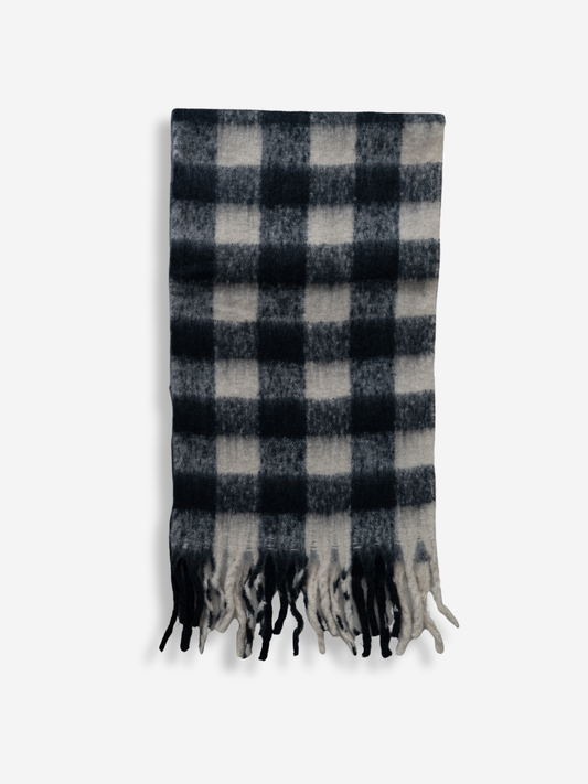 Fuzzy Fringe Scarf | Black & Cream Gingham