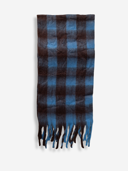 Fuzzy Fringe Scarf | Blue & Brown Gingham