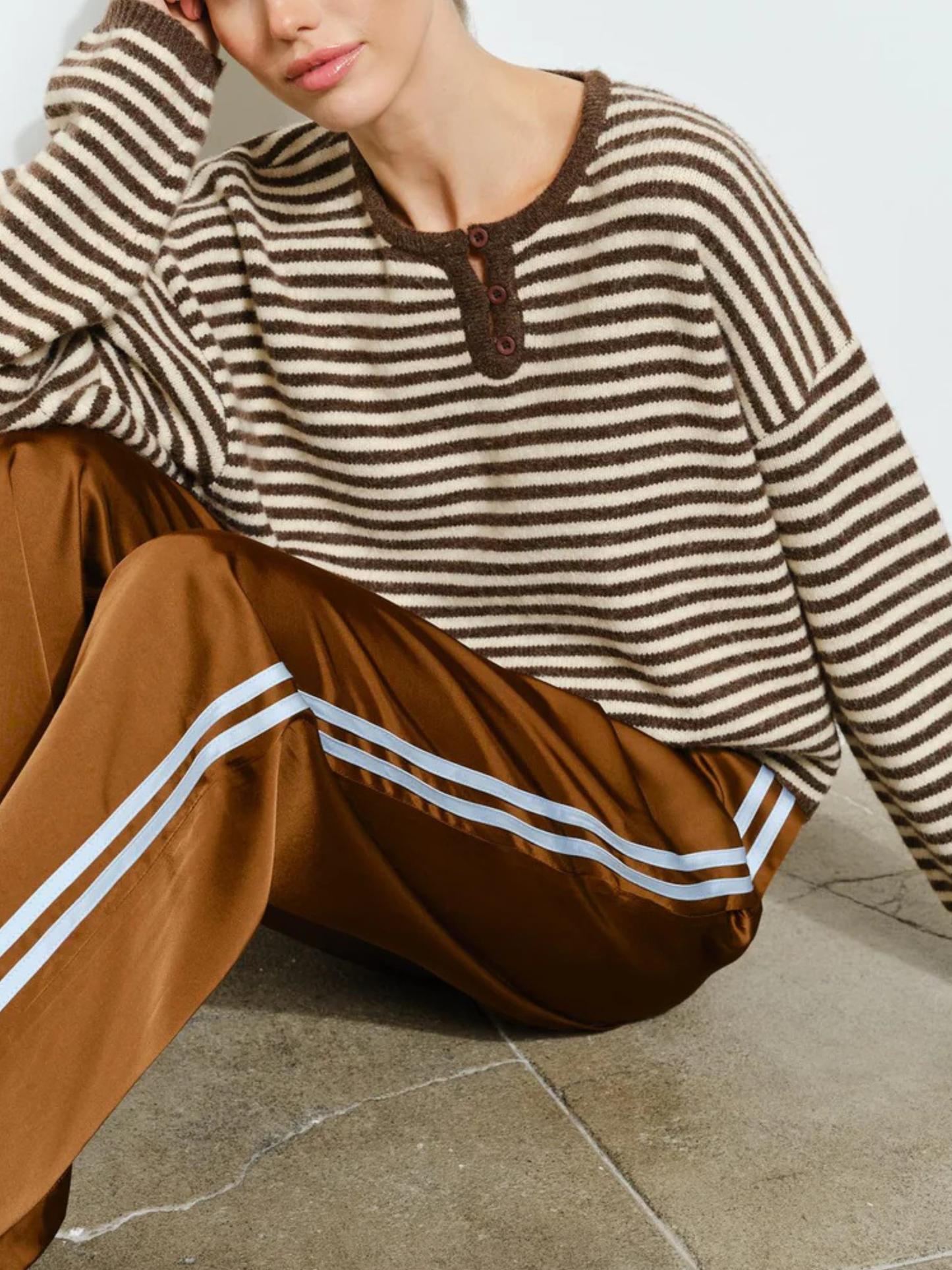 Etta Henley Knit Sweater | Brown Stripe