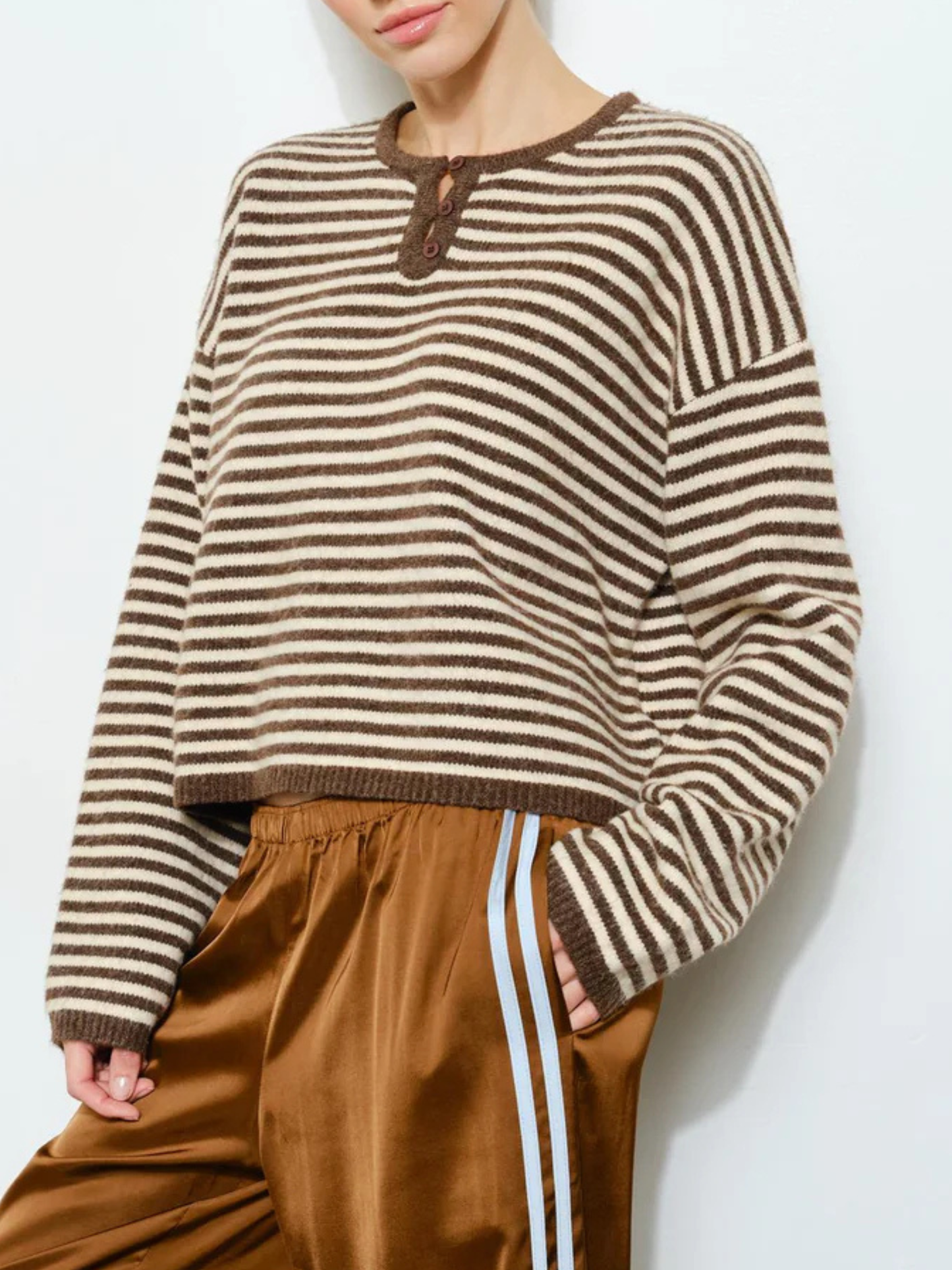 Etta Henley Knit Sweater | Brown Stripe