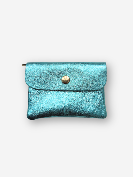 Leather Snap Wallet | Metallic Aqua