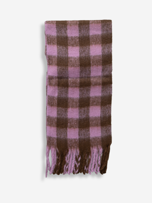 Fuzzy Fringe Scarf | Pink & Brown Gingham