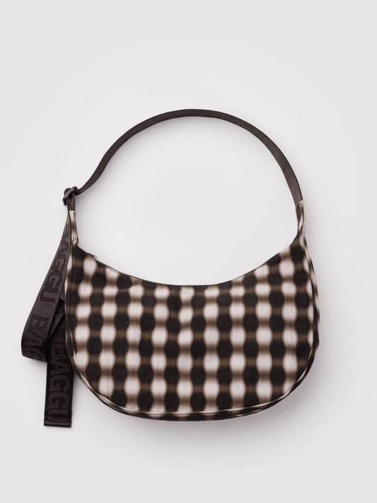 Medium Nylon Crescent Bag | Blurred Gingham Brown