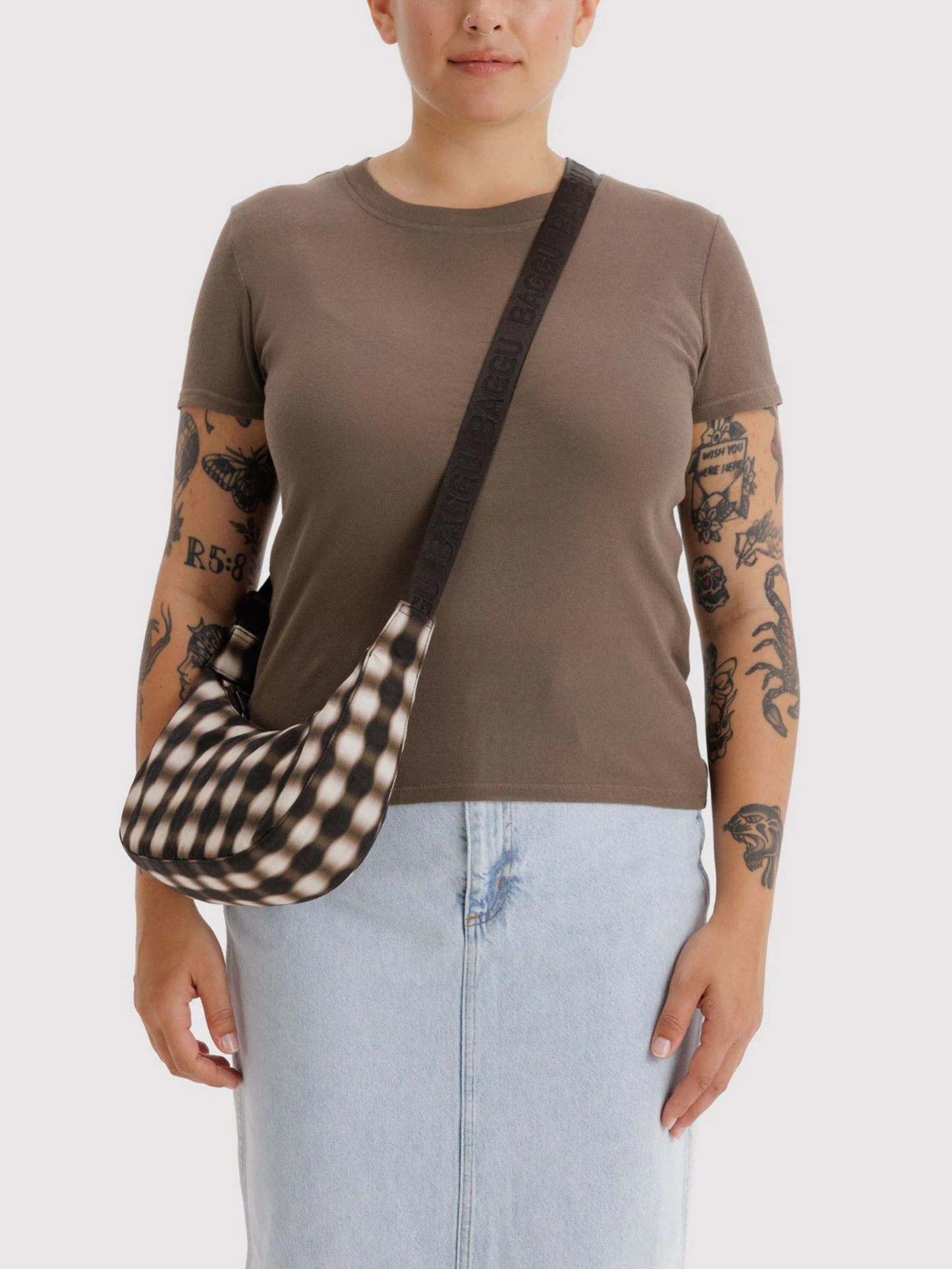 Small Nylon Crescent Bag | Blurred Gingham Brown