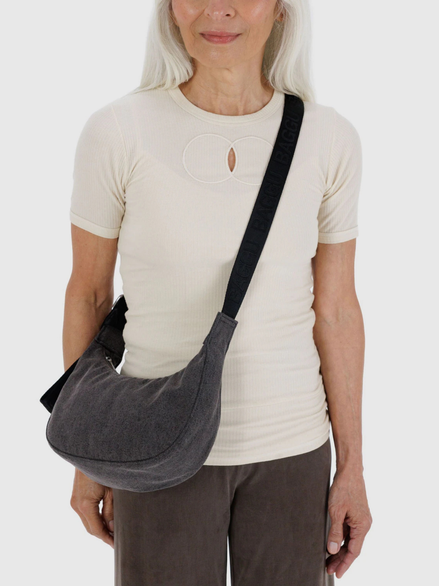 Small Nylon Crescent Bag | Washed Black Denim